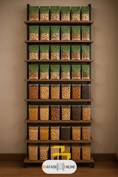 قفسه دیواری در قفسه بندی مغازه آجیل و خشکبار