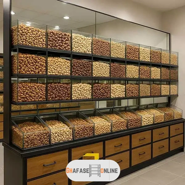 طراحی دکوراسیون آجیل فروشی با قفسه آینهای