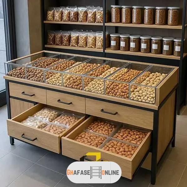 قفسه کشودار در چیدمان آجیل فروشی