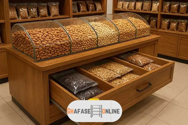 دکوراسیون فروشگاه آجیل و خشکبار با قفسه کشودار