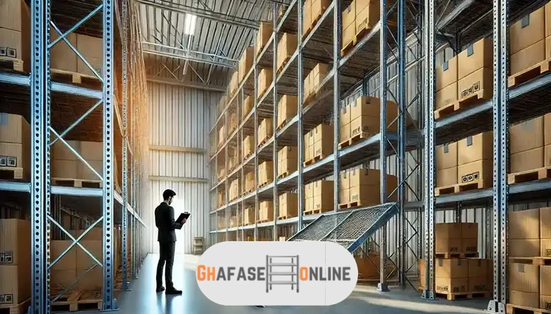 مردی در حال بررسی نیاز به تعمیر یا تعویض قفسه راک صنعتی